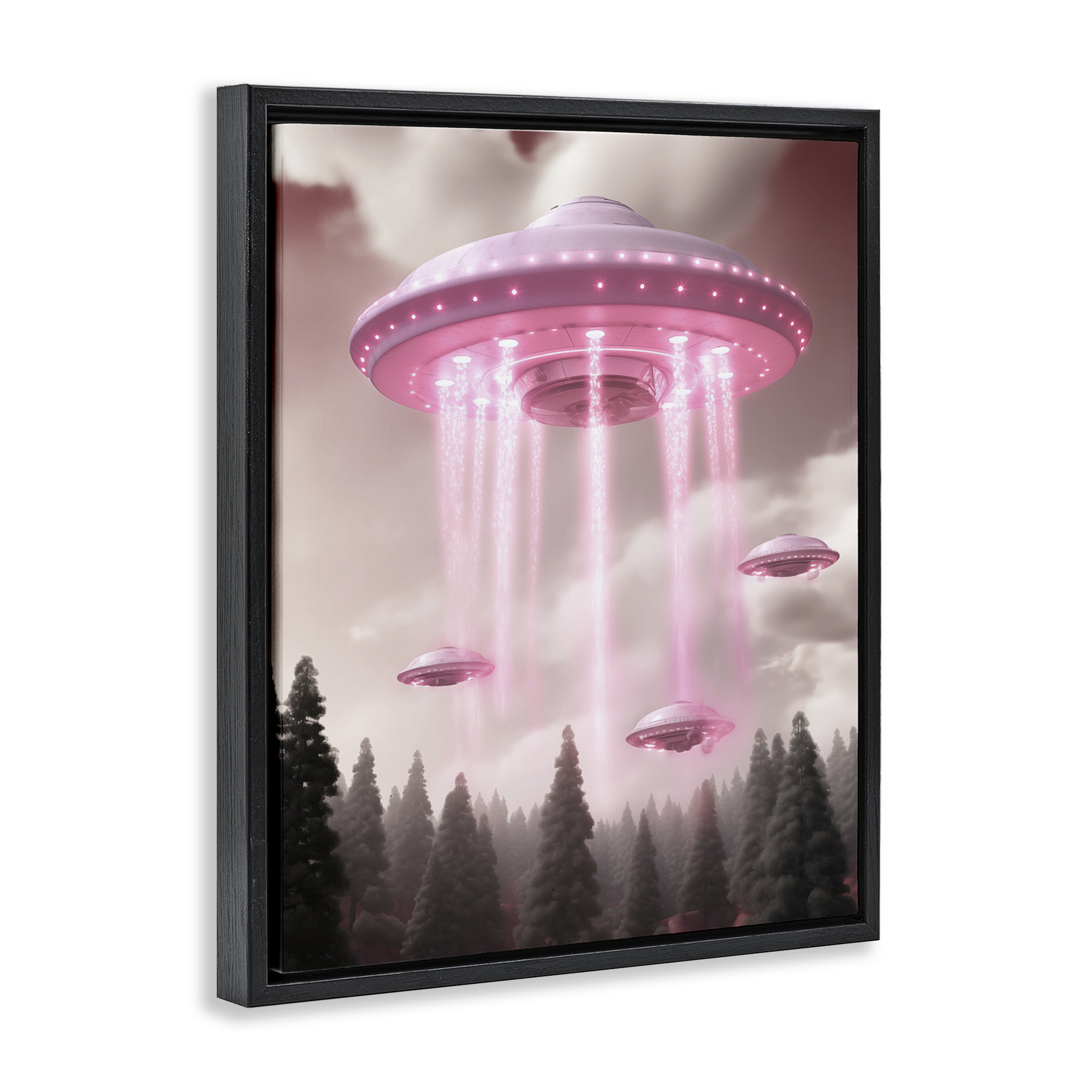 Glam UFO with Pink Beams Black Framed Floater Canvas Wall Art, design by Sasha