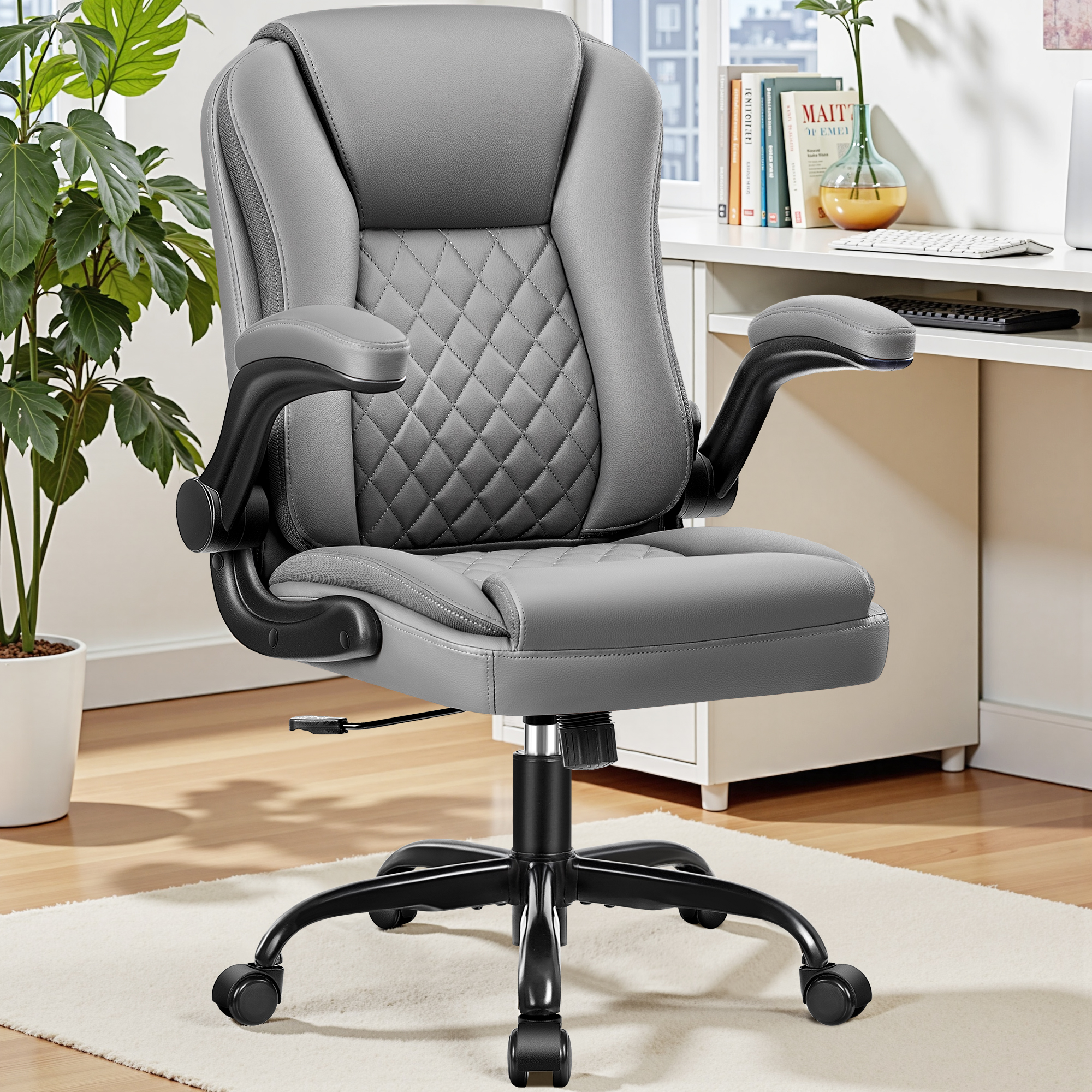 ATHOPE Leather Office Chair, 400lbs Ergonomic Desk Chairs with Back Support, Computer Chair with Wheels and Adjustable Armrest for Home Office, 360°Swivel Free, Gray