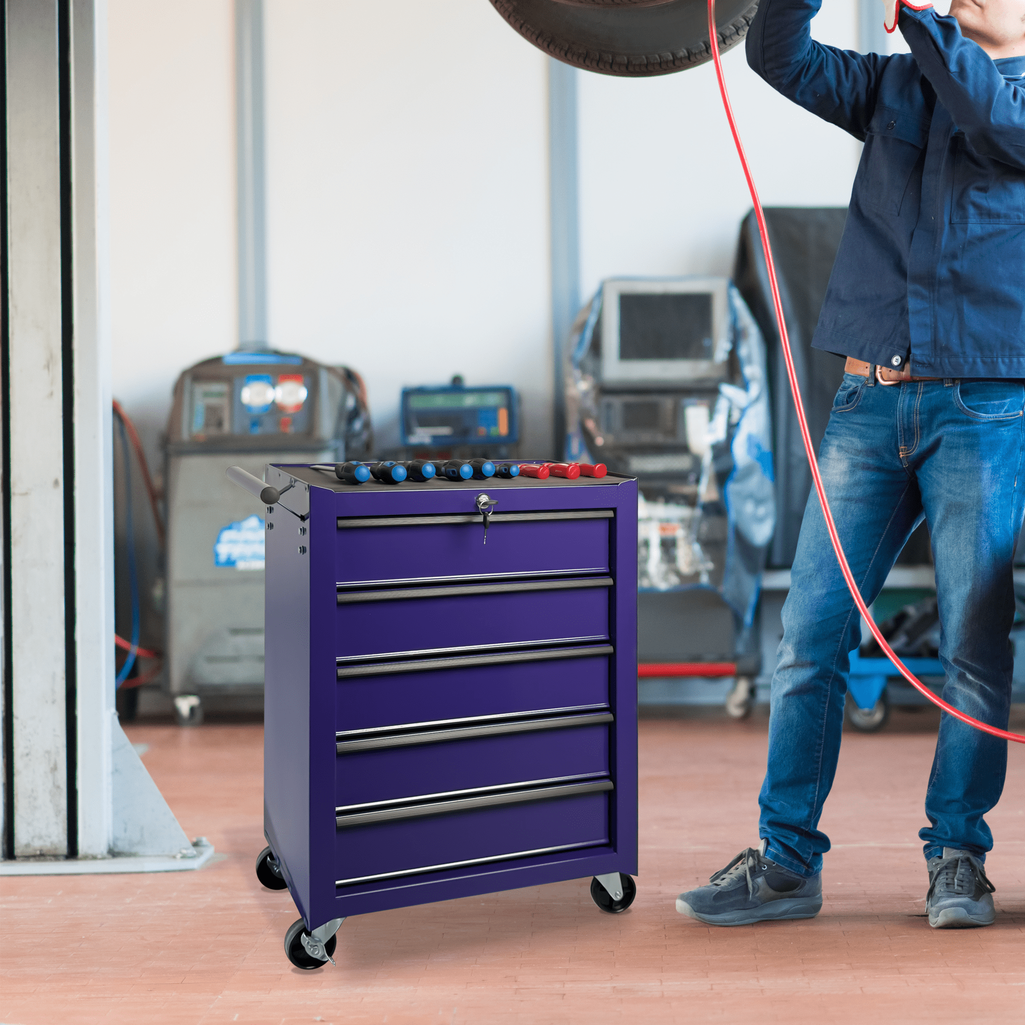 Rolling 20-Inch Metal Tool Chest with 5 Drawers and Ball Bearing Slides, Steel Tool Cabinet for Garage and Workshop, Purple