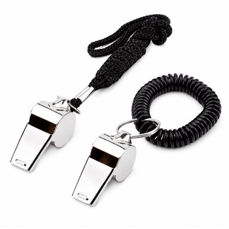 2 Pack Metal Referee Whistles with Black Lanyards, Sports Whistles for Coaching, Football and Soccer, TIKA