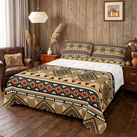 Manfei Southwestern Aztec Queen Sheets, , Brown Black Queen Sheet Sets, Black Reversible 4pcs1 Flat Sheet 1 Fitted Sheet 2 Pillowcases