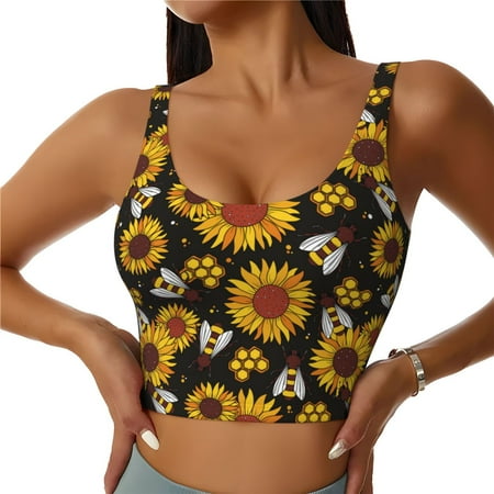 Jgfou Sunflowers And Bww Print Womens Sports Bra - Padded Workout Sports Bras Crop Tank Top