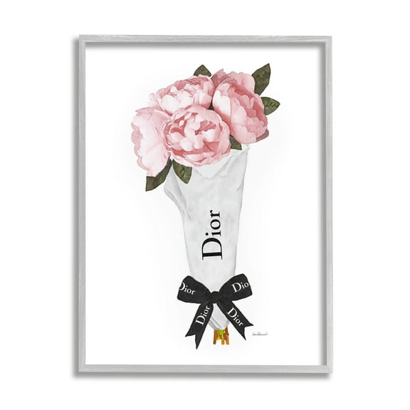 Stupell Industries Soft Pink Spring Bouquet Glam Fashion Bow Botanical & Floral Painting Gray Framed Art Print Wall Art, 16 x 20