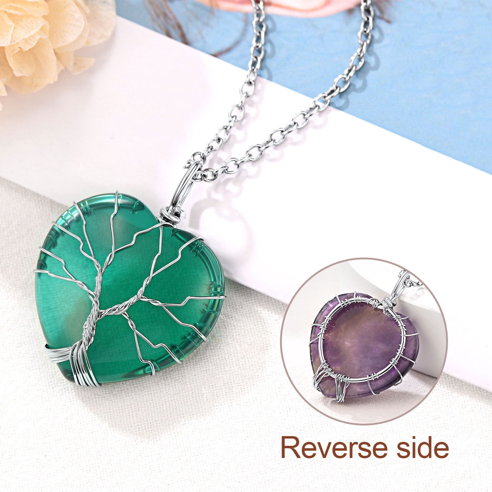 FOCALOOK October Natural Rose Quartz Heart Birthstone Necklaces for Women Wire Wrapped Tree of Life Necklace Spiritual Reiki Healing Crystal Stone Birthday Christmas Jewelry Gift