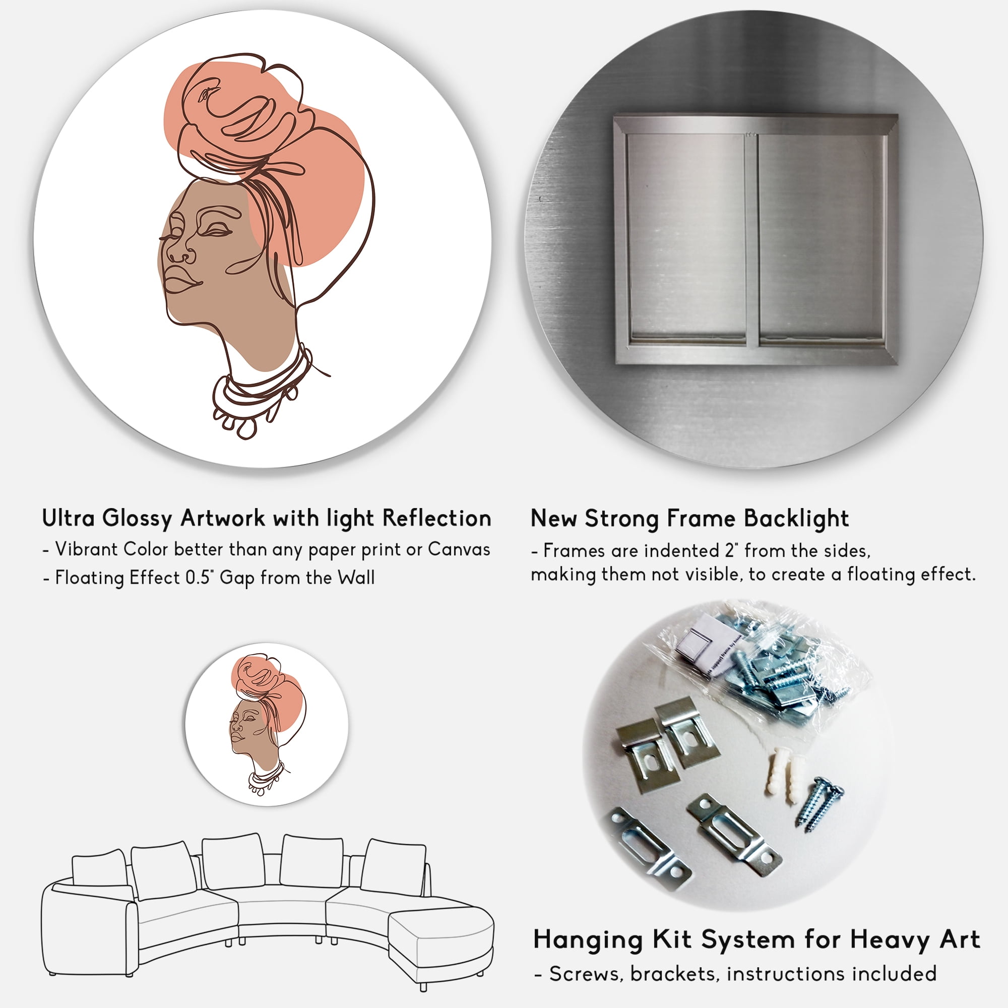 Designart 'One Line Portrait of Afro American Woman IV' Modern Circle Metal Wall Art 11x11 - Disc of 11