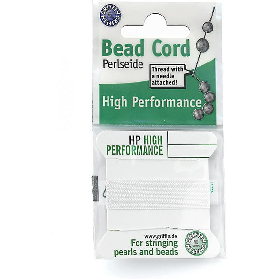 Griffin High Performance Bead Cord Perlseide - White Color – Size 2 (0.45mm) – 2 meters per card – Stainless Steel Needle Attached – For Knotting Pearls, Gemstones, Crystals and Beads