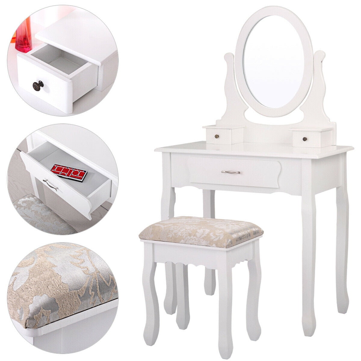 Kepooman Wooden Vanity Set, Makeup Dressing Desk with Cushioned Stool, Oval Mirror and 5 Drawers - White Kepooman Wooden Vanity Set, Makeup Dressing Desk with Cushioned Stool, Oval Mirror and 5 Drawers - White