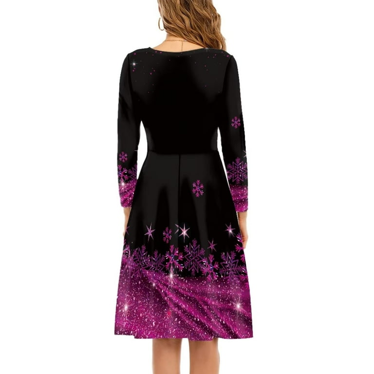 purple christmas party dresses FKELYI Purple Christmas Snowflake Women Dress Size M Lightweight Crew Neck  Swing Party Dress Comfy Women Dresses Casual Knee Length