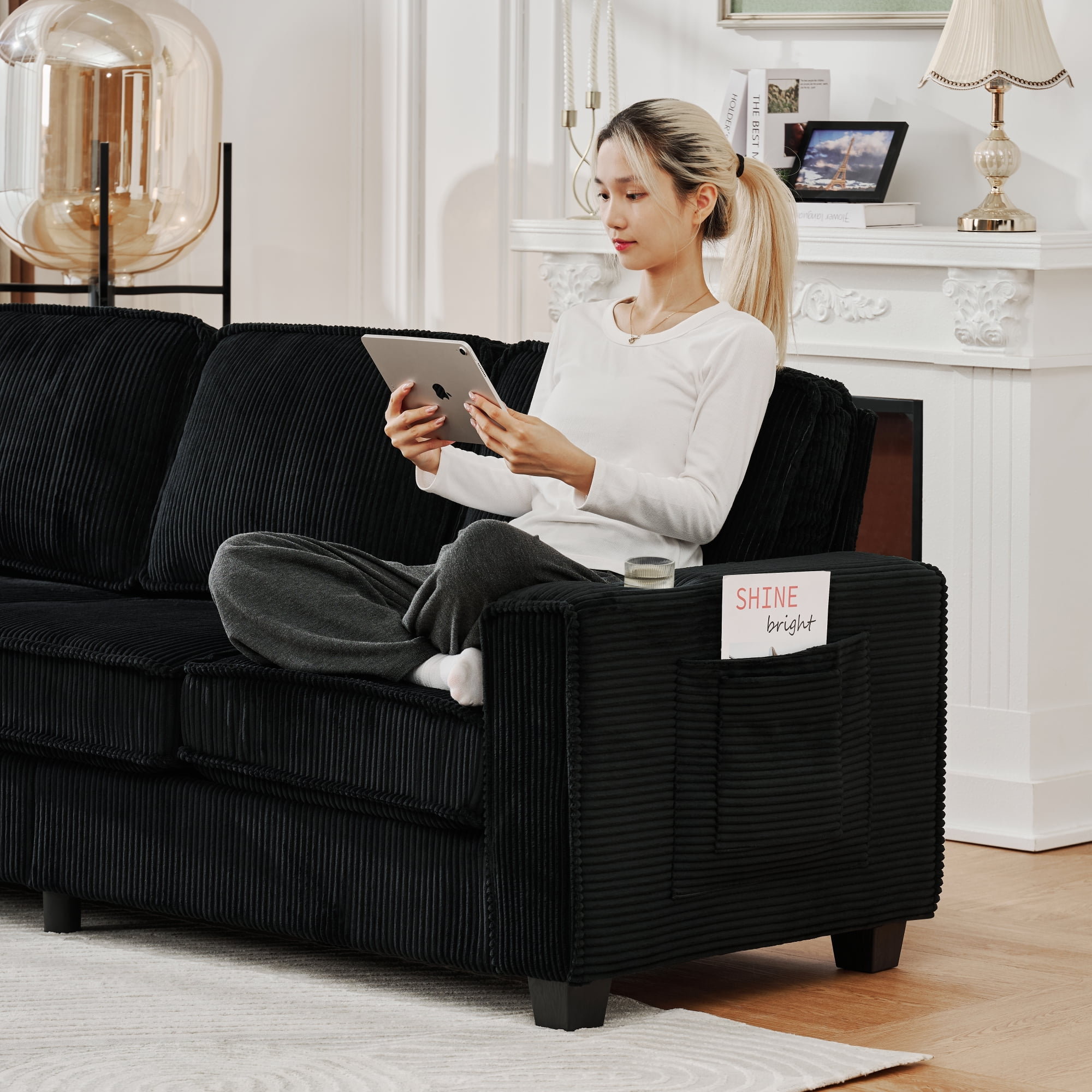 Leumius 84'' Sofa Couch with Cupholders,3 Seater Sofa Couch with Armrests,Comfy Couches for Living Room, Bedroom, Apartment and Office,Black