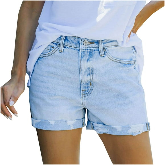Summer Denim Shorts for Women Women's Juniors Jean Shorts Frayed Raw/Folded Hem Ripped Jean Shorts High Waisted Shorts