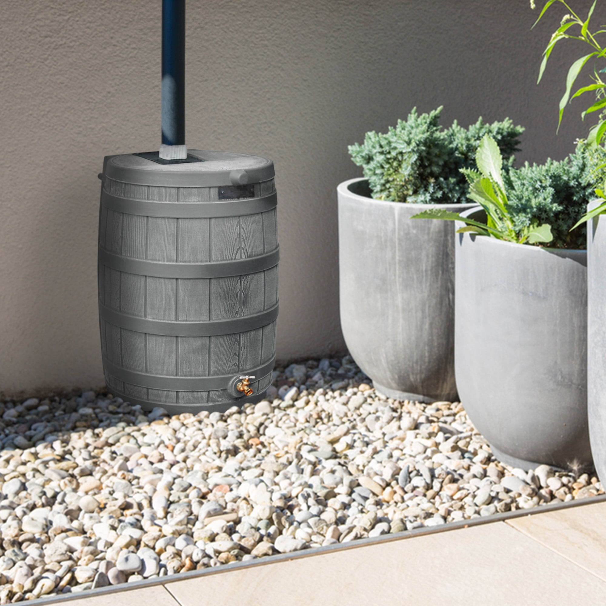 Good Ideas RW50 Rain Wizard 50gal Plastic Rain Barrel Water Collector, Gray