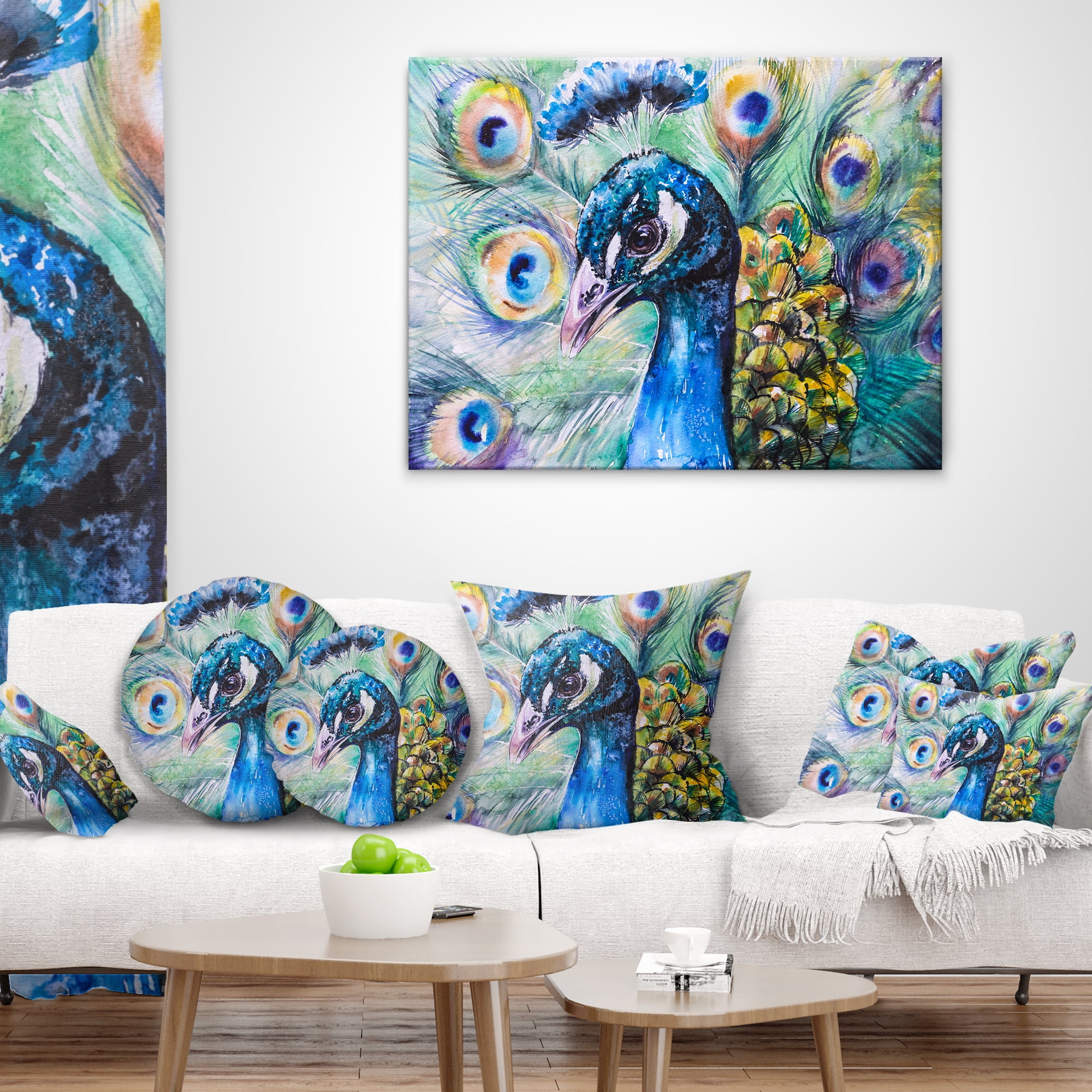 Designart Beautiful Peacock Watercolor - Abstract Throw Pillow - 18x18