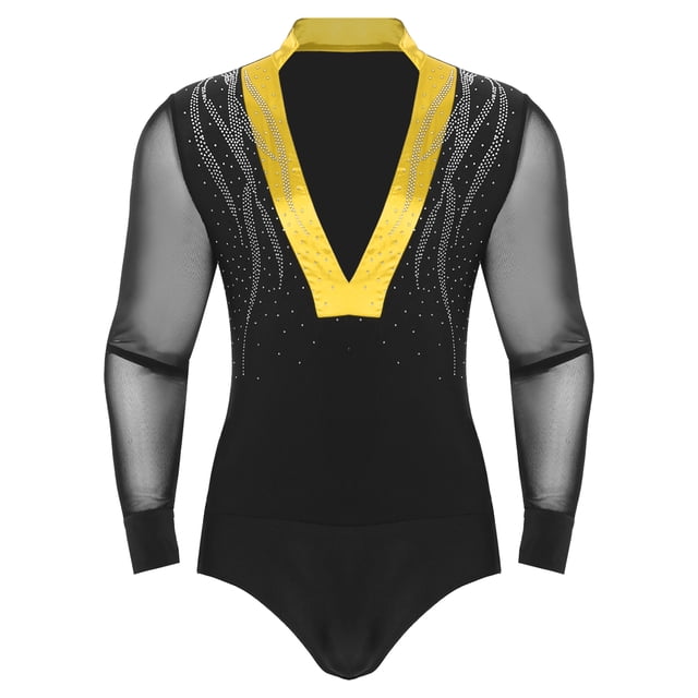 Runhomal Combinaison de Danse de Salon Tango Latin à Col en V Profond avec Strass Scintillants pour Hommes Jaune TG
