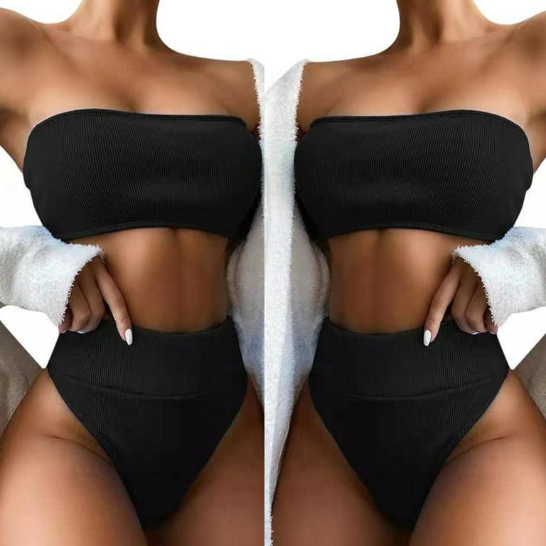 ZPAQI Women Sexy 2pcs Bikini Set Strapless Ribbed Bandeau Tube Top Micro  Swimsuit High Waist Thong Solid Color Bathing Suit 