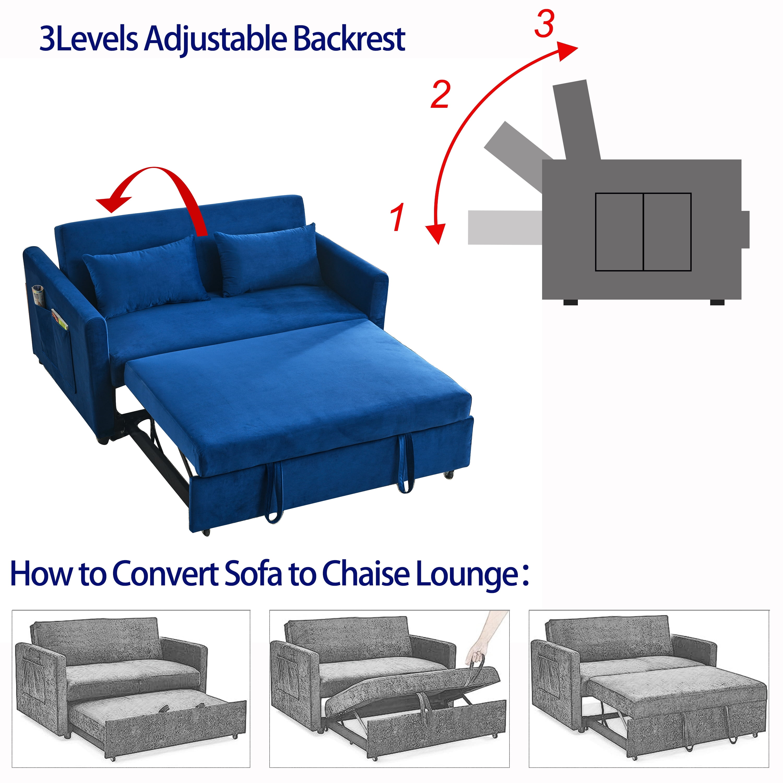Momspeace&nbsp;Pull Out Sofa Bed Sleeper Sofa Couch Sofa Bed with Adjustable Backrest Velvet Loveseat For Living Room - Blue