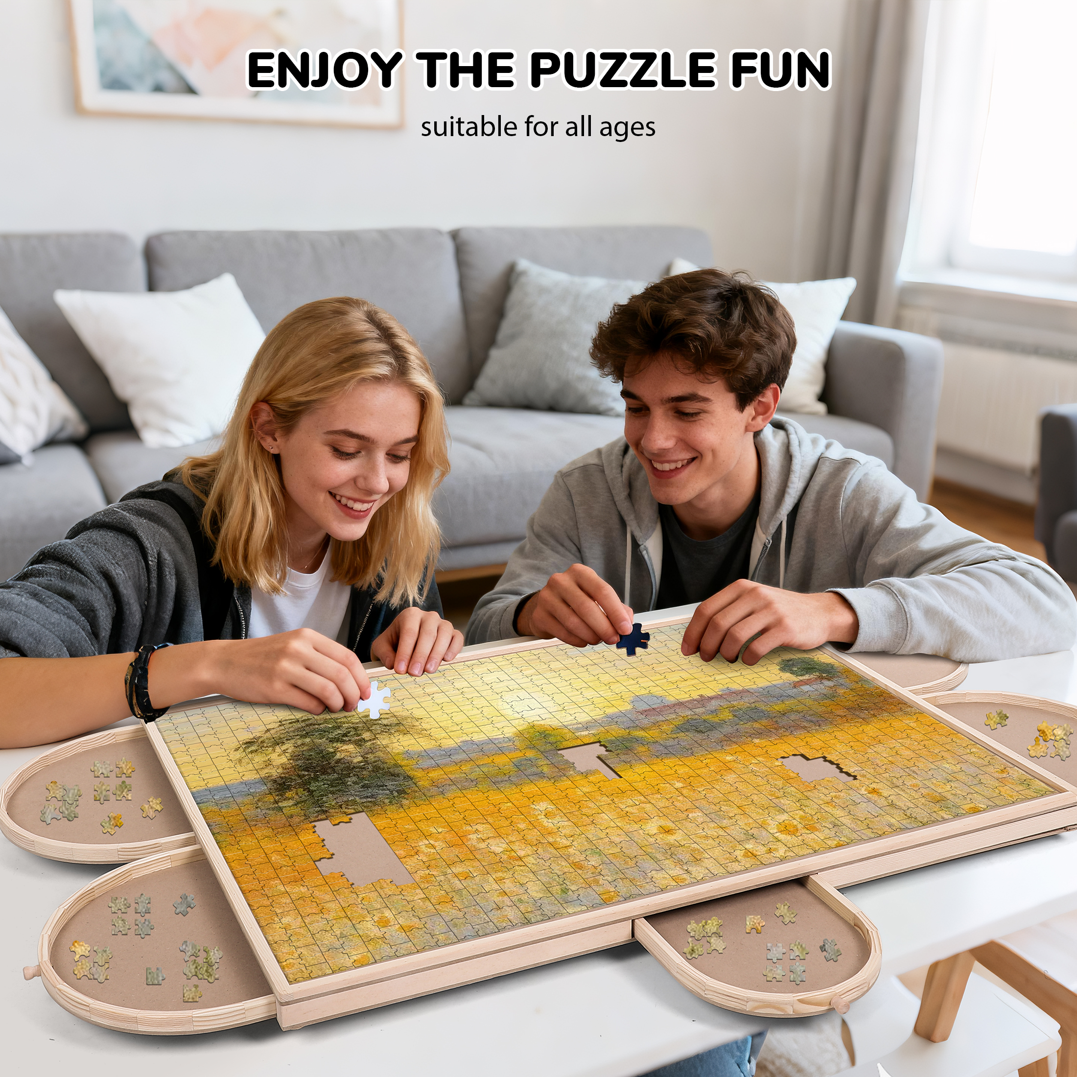 Crtynell 1500 Piece Puzzle Board With Drawers And Cover, 34" X 26" Wooden Rotating Jigsaw Puzzle Table, Spinning Puzzle Boards For Adults