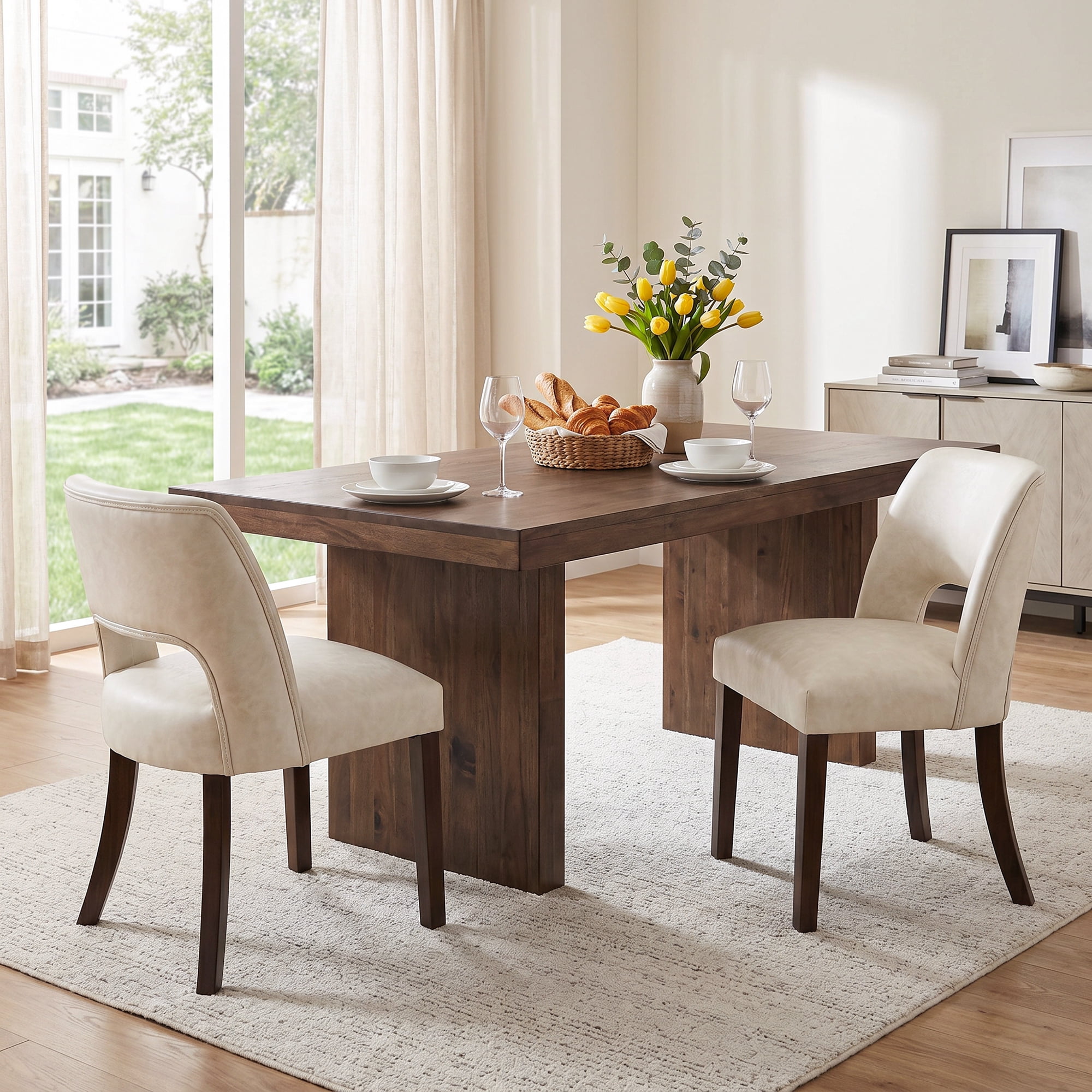 VKNOW Faux Leather 20.7" W Upholstered Dining Chairs Set of 4, Thick Foam Cushion Kitchen & Dining Room Chairs with Solid Wood Legs, Beige