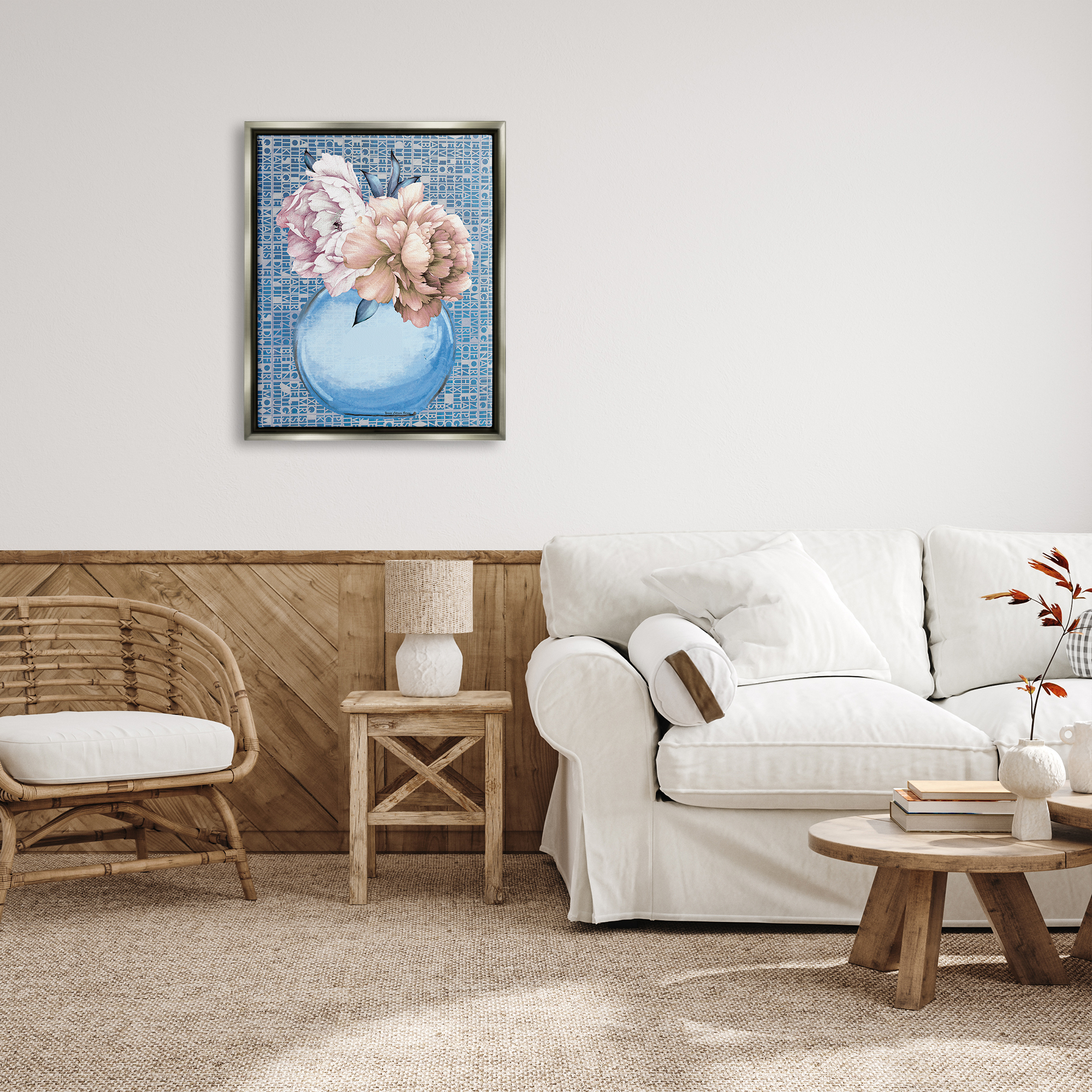 Stupell Industries Peonies on Typography Pattern Botanical & Floral Painting Gray Floater Framed Art Print Wall Art, 25 x 31