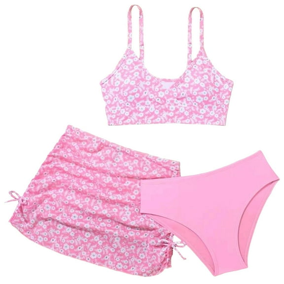 OYXSER Girls Swimsuits 3 Piece Tankini Bathing Suit Set Floral Print Bikini Swimsuit Summer Bikini Tankini Sets with Drawstring Beach Skirt, Pink 7-8Y