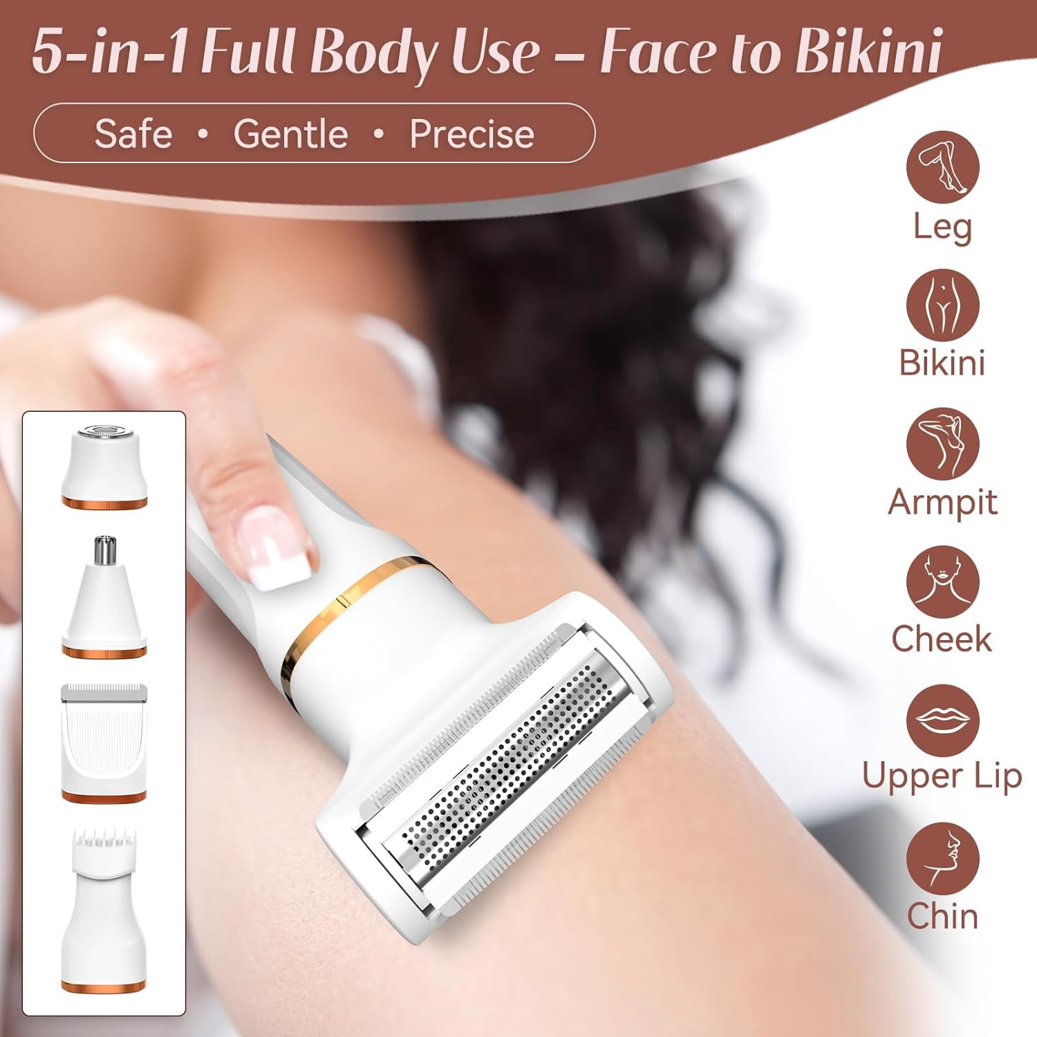 5-in-1 Bikini Trimmer for Women, IPX7 Waterproof Electric Razors Shaver, Cordless Body Hair Trimmer, Facial & Pubic Hair Removal, Ceramic Blade
