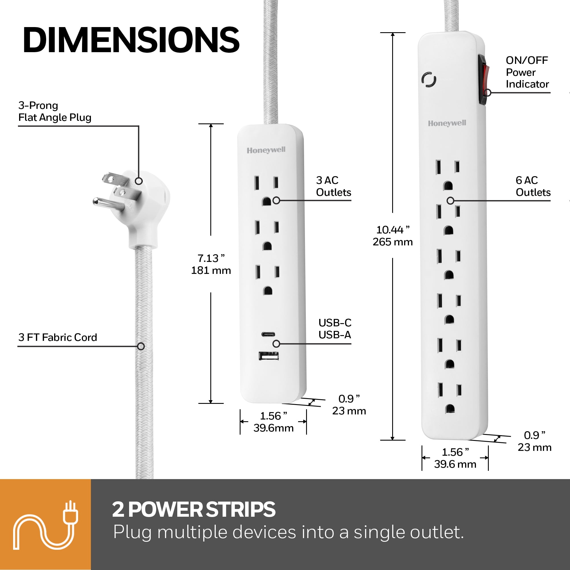 Honeywell 2-in-1 Pack Power Strips - 6 AC Outlets Surge + 3 AC 2 USB Strip (1 USB-A + 1 USB-C 2.1A) - White