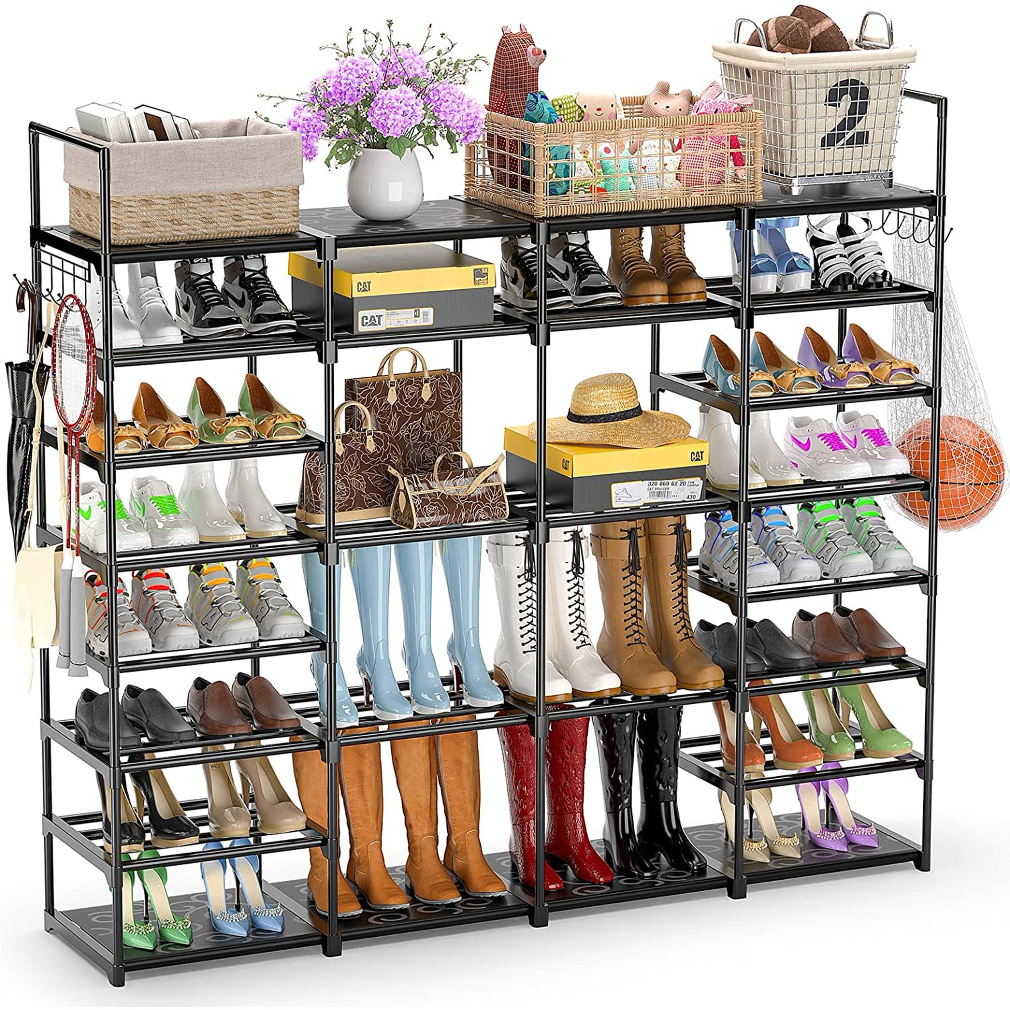  XIHAMA 8-Tier Big Size Metal Shoe Rack, Sturdy Shelf Organizer  for Entryway,Garage, Bedroom,Closet,Holds 26-32 Pairs of Shoes,with 2 Pack  Side Hooks : Home & Kitchen
