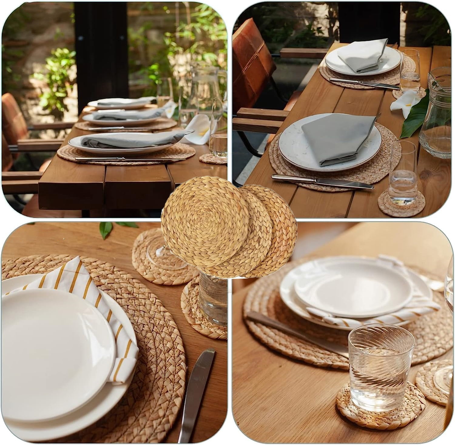 Boho Placemats Set of 4, 11.8" Round Placemats for Dining Table, Water Hyacinth Wicker Placemats, Straw Placemats, Heat Resistant Non-Slip Weave Placemats for Dining Table for Countertops