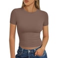 thumbnail image 2 of Dwellite Womens T-Shirts Short Sleeve Workout Tops Crop Cute Tees Compression Casual Y2K Athletic Gym Fitted Brown XL, 2 of 7