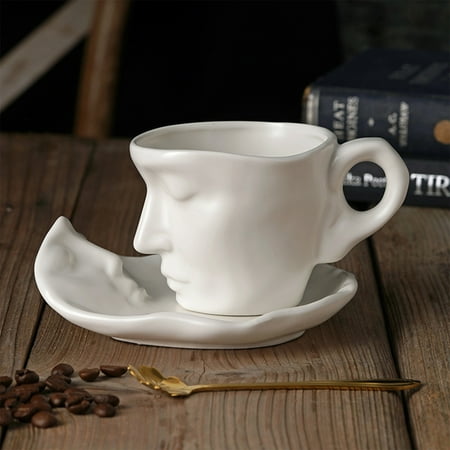 

Kiss Coffee Cup With Saucer and Spoon Romantic Design Durable Coffee Cup for Cereal Water Juice and Orange White