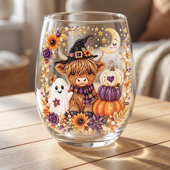 Miwamany Halloween 2D Ghost Wine Glass, Stemless Clear Tumbler with Witch Pumpkin Sticker, Spooky Fall Themed Cup for Cocktail Party Home Decor