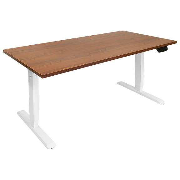 Mount-It! Electric Sit-Stand White Desk Frame with Extra-Wide Brown Tabletop and Dual Motor