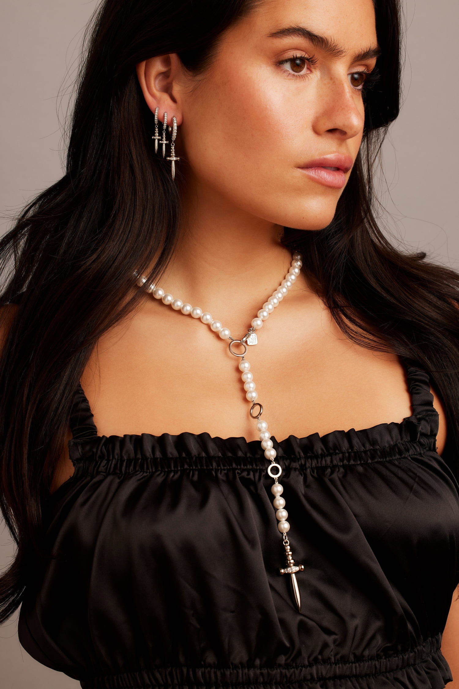 Bella by Thorne Adjustable Pearl x Dagger Statment Adult Necklace, Silver