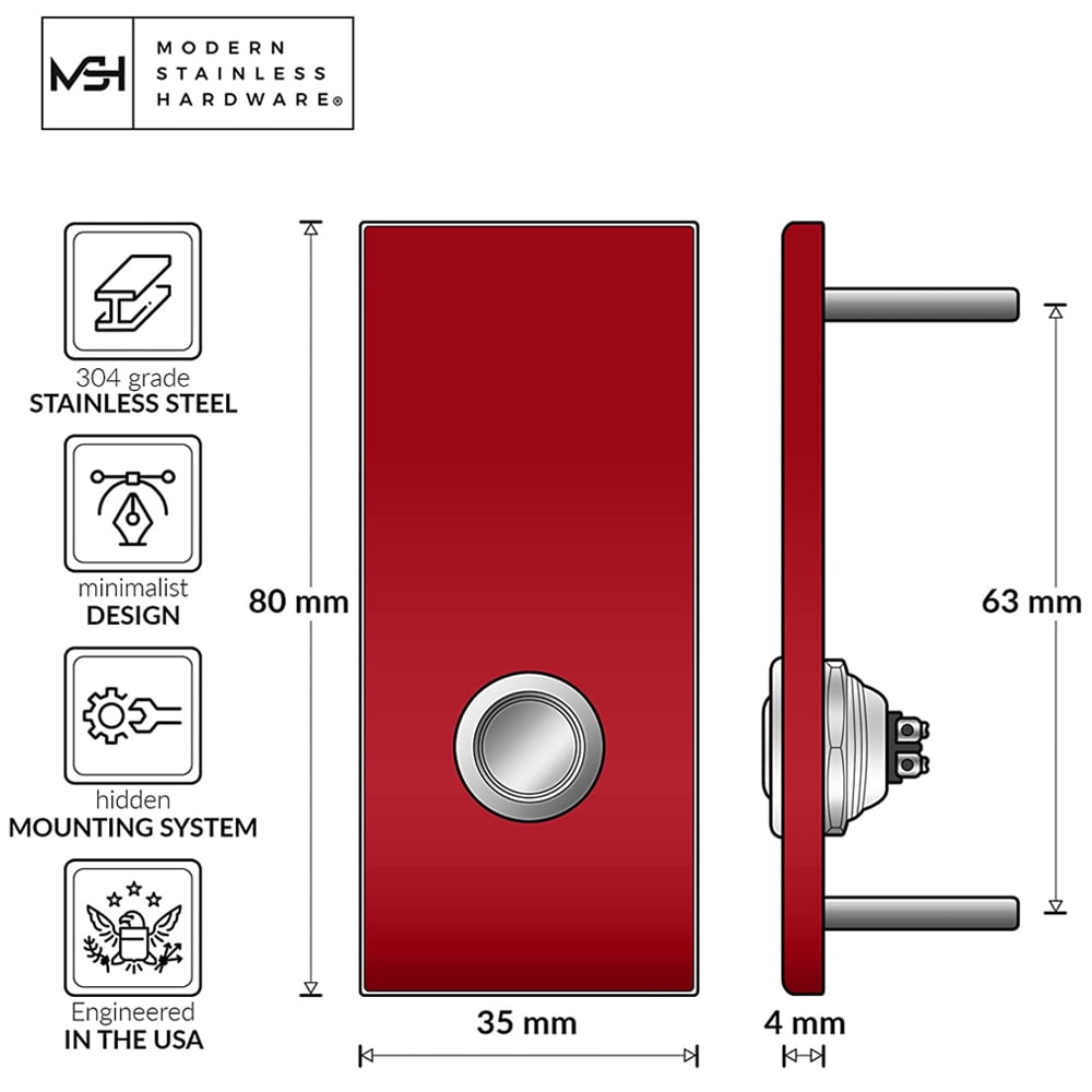 MSH Modern Stainless Hardware Model R7 Red Anodized Aluminum Doorbell Button 1.37” x 3.14” x 5/32” (4mm thick)