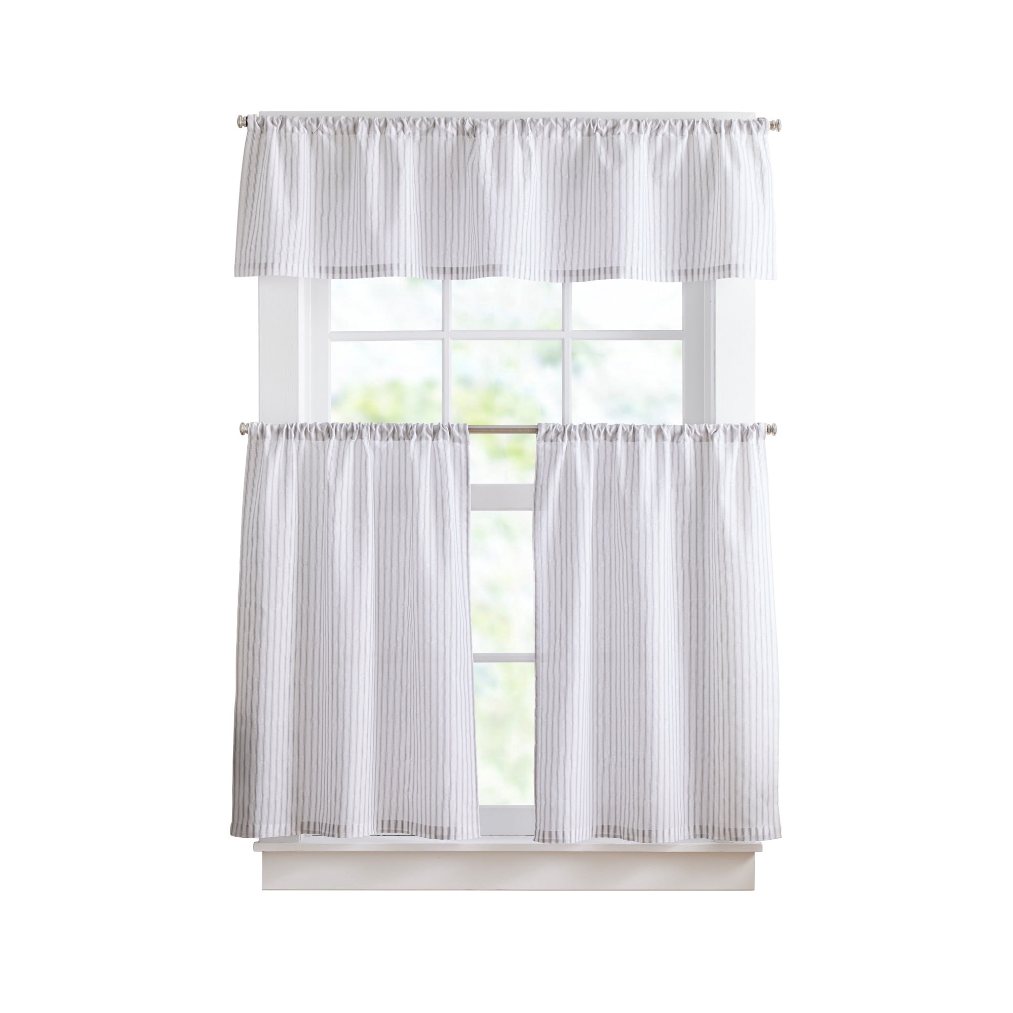 Curtainworks James 3 Piece Valance and Tier Set Grey, Rod Pocket, Light Filtering, Indoor, 58," x 14", Adult