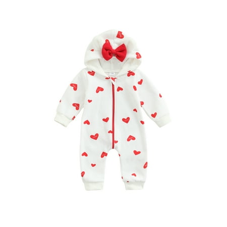 

Arvbitana Baby Girls Valentine s Day Jumpsuit Heart Letter Print Long Sleeve Zipper Hooded Playsuit Casual Loose One Pieces Bodysuit with Bow for Infant 0-18M