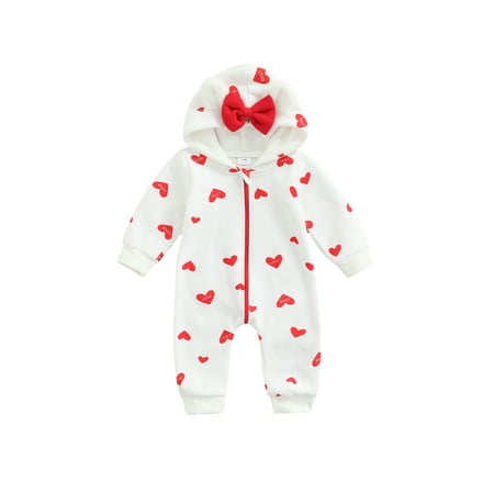 

HOANSELAY Casual Hooded Jumpsuit Newborn 3/6/9/12/18 Months Love Letter Print Long Sleeve Zipper Romper with Bow