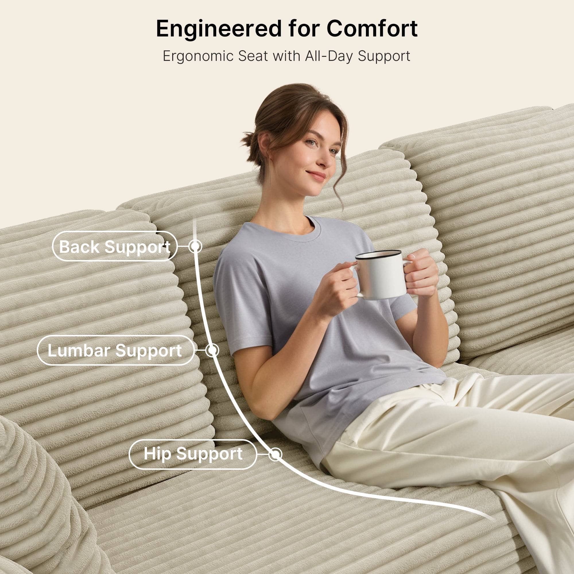 Lofka 105" Cloud L-Shaped Sectional Sofa and Couch with Movable Ottoman and Soft Seats for Living Room, No Assembly Required, Beige (Plush Corduroy Fabric)