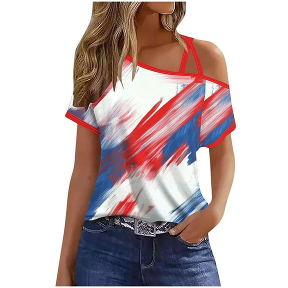 Youyipin Womens Tops Criss-Cross One Shoulder Tops Sexy Cold Shoulder Shirts Short Sleeve T-Shirts Vacation Loose Casual Tees Summer Tops For Women