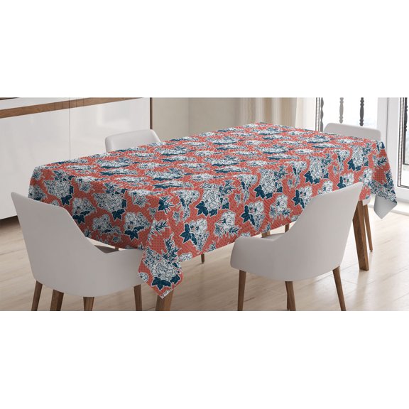 Vintage Floral Tablecloth, Abstract Concept Theme Traditional Japanese Flowers Pattern Squares Shape, Rectangle Satin Table Cover for Dining Room and Kitchen, 52" X 70", Multicolor, by Ambesonne