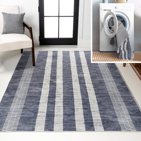 JONATHAN Y WASHABLE 8 x 10 Area Rug, Vichy Geometric Striped - Slate Gray/Ivory, WSH122C-8