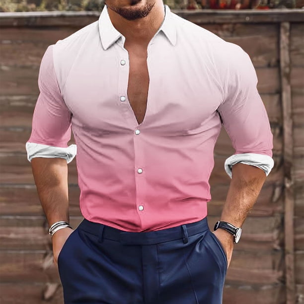 Blusa y camisa de manga larga con cuello vuelto para hombre, estilo casual, a la moda, con botones estampados, blusa de manga larga con cuello vuelto, camisetas de poliéster para hombre