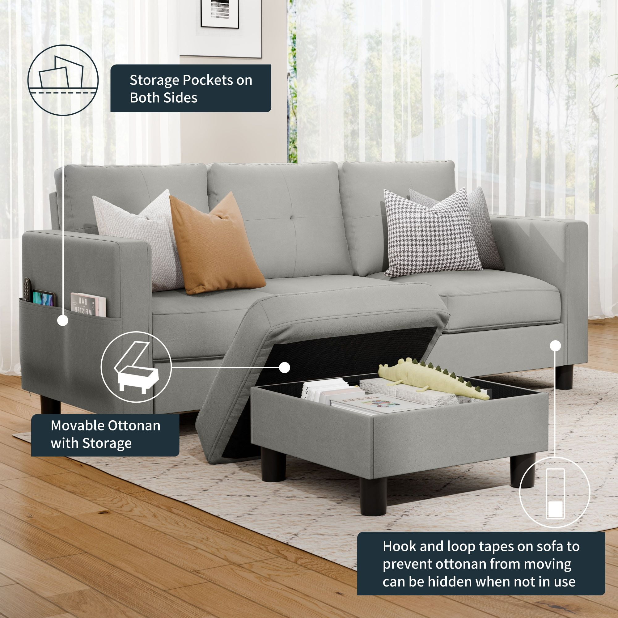 Walsunny Convertible Sectional Sofa Couch, Modern Linen Fabric L-Shaped Couch 3-Seat Sofa Sectional with Reversible Chaise for Small Living Room, Apartment and Small Space,Light Gray