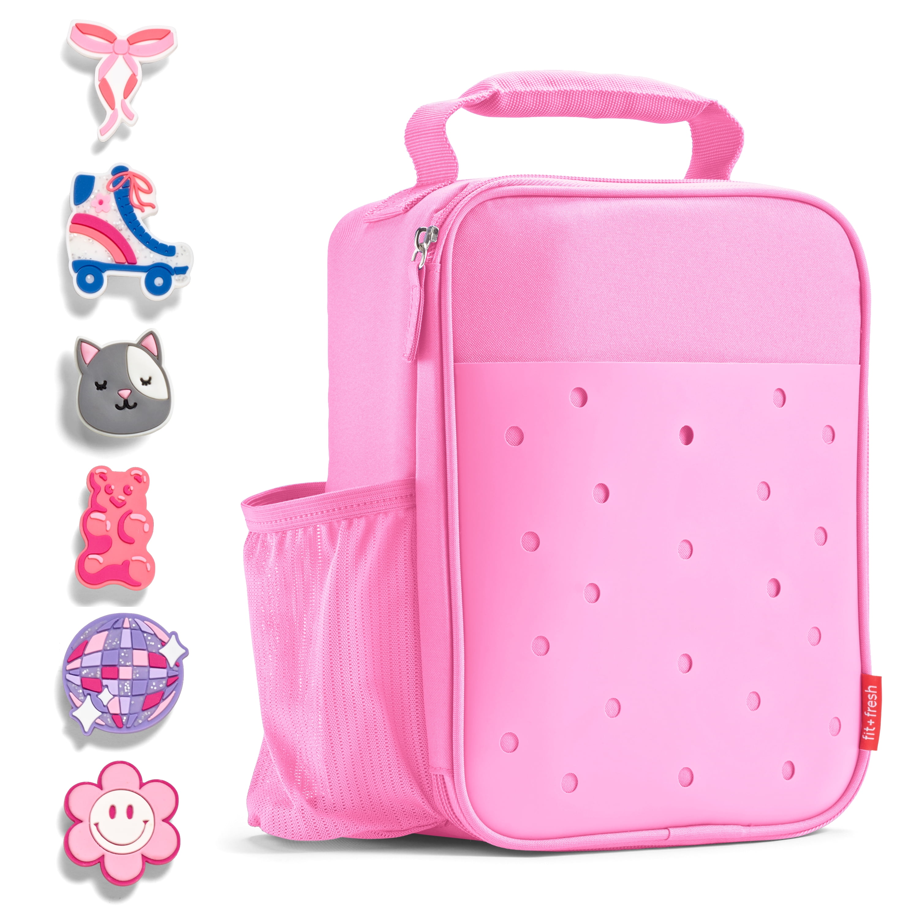Fit + Fresh Charm Insulated Lunch Bag For Kids, Boys+Girls With Shoe Charm Slots, Pink