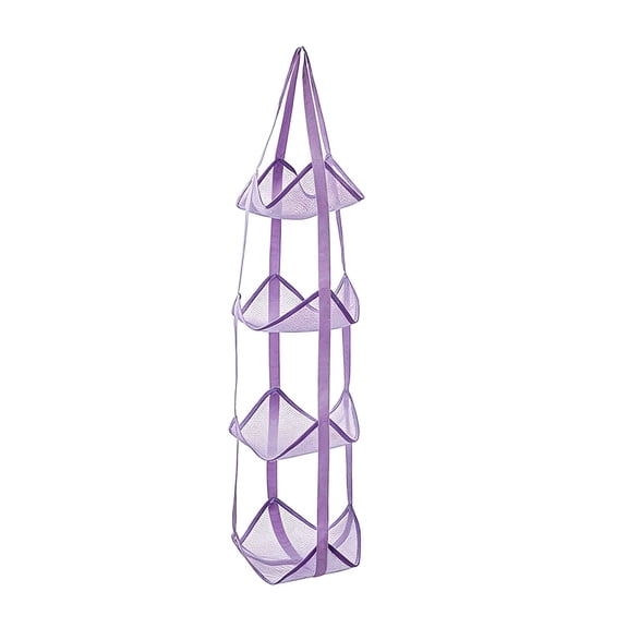 4-Tier Hanging Mesh Ball Storage Organizer, purple. Holds sports balls and helmets. Space-saving hanging ball holder for garage, basement and bedroom
