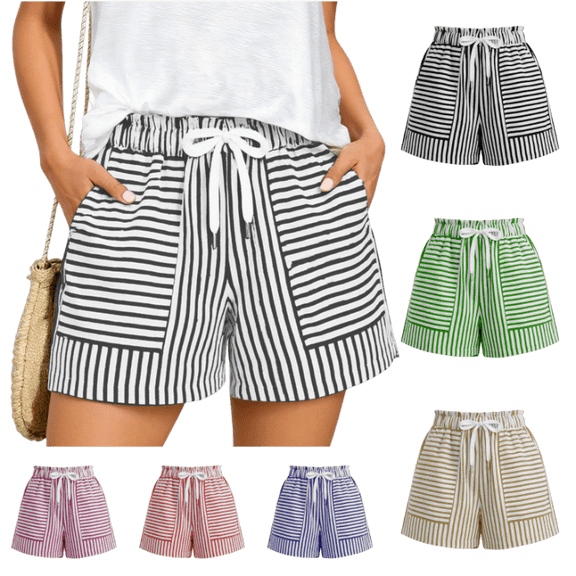 OIOLOYJM Shorts for Women Athletic Striped Loose Drawstring High Rise Wide Leg Beach Shorts Summer Lounge Vacation Smocked Short Pants with Pockets Black L