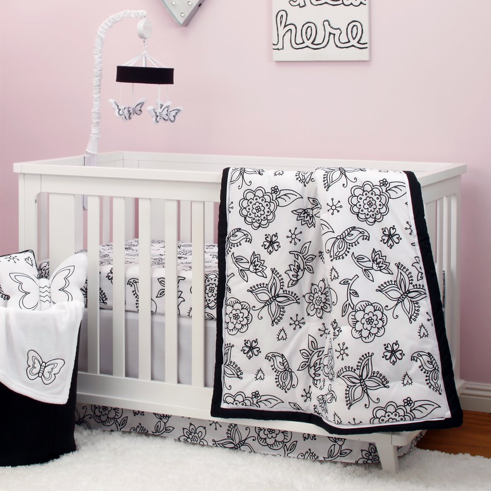 NoJo Dreamer Collection 8pc Floral Black/White Crib Bedding Set