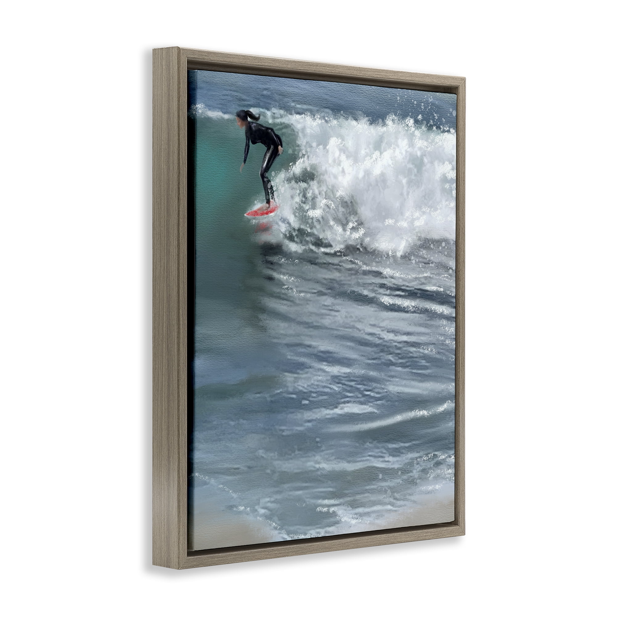 Stupell Industries Cali Surfer Girl Sports Painting Brown Floater Framed Canvas Art Print Wall Art, 25 x 31