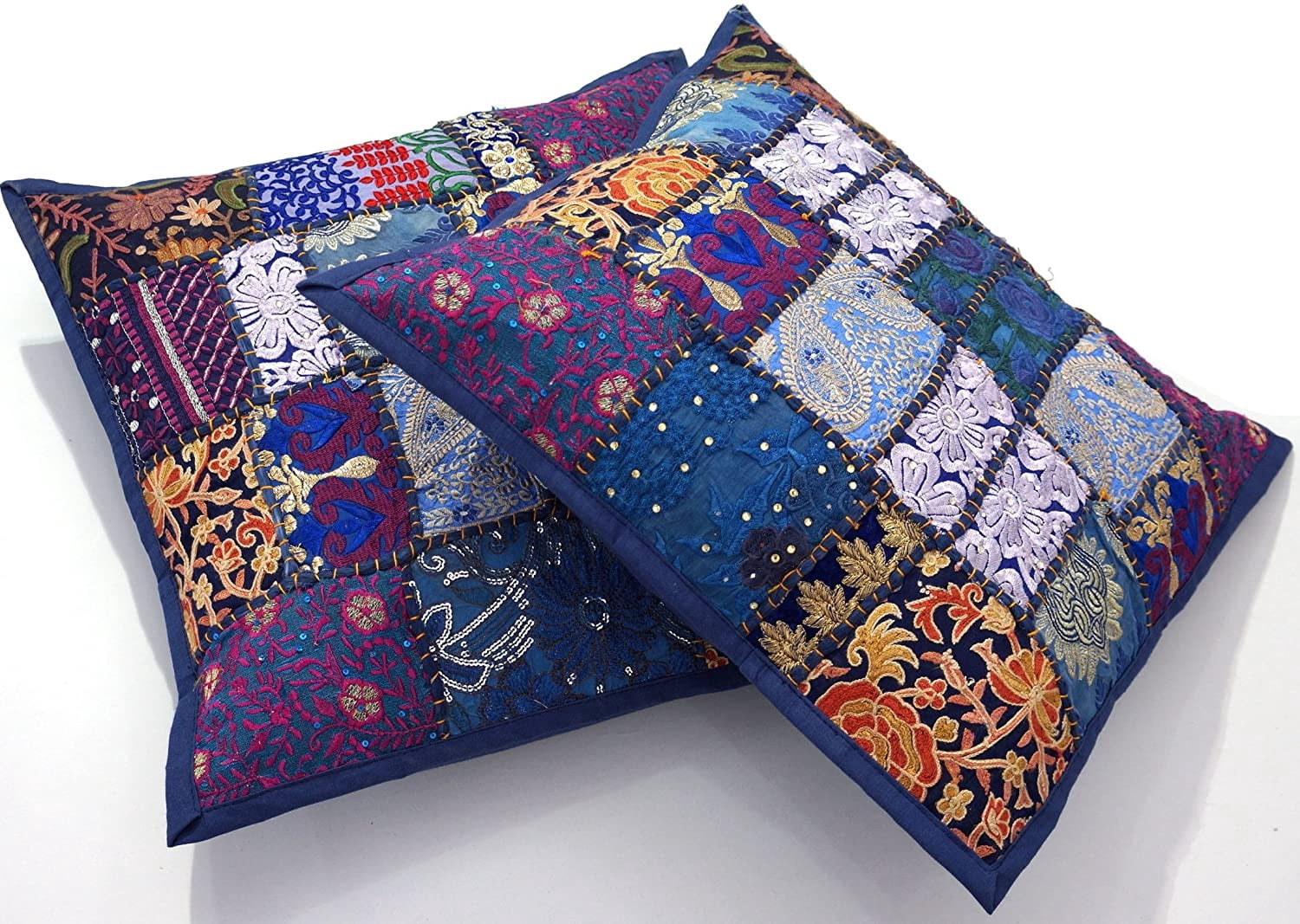 Indian Bohemian Decorative Sofa Throw Pillow Cover 16 Inch Cotton Patchwork Geometric Indian Square Couch Cushion Cover (Size - 40x40 cm ; Color: Blue )
