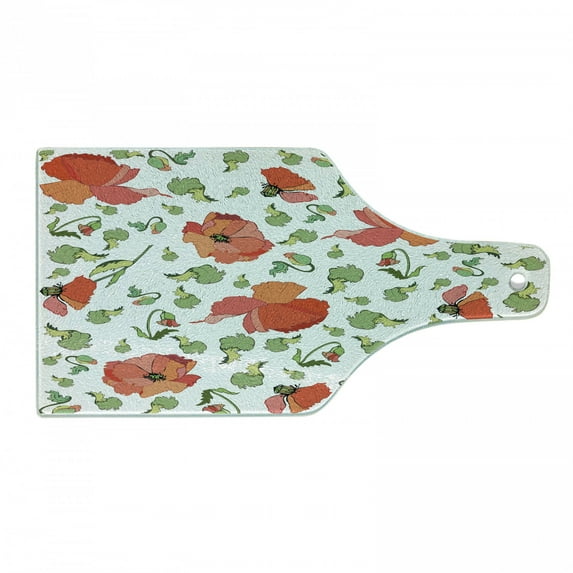 Poppy Flower Cutting Board, Buds Stems and Heads Scattered Hand Drawn Style Rural Inflorescence, Tempered Glass Cutting and Serving Board, Wine Bottle Shape, Vermilion Green Coral, by Ambesonne