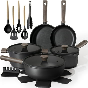 Astercook 18-Piece Pots and Pans Set, Nonstick Cookware Set with Elegant Wooden Handle, Oven Safe to 480°F, Induction Compatible, Kitchen Cooking Set for RV Trips, Camping and Picnic, Black